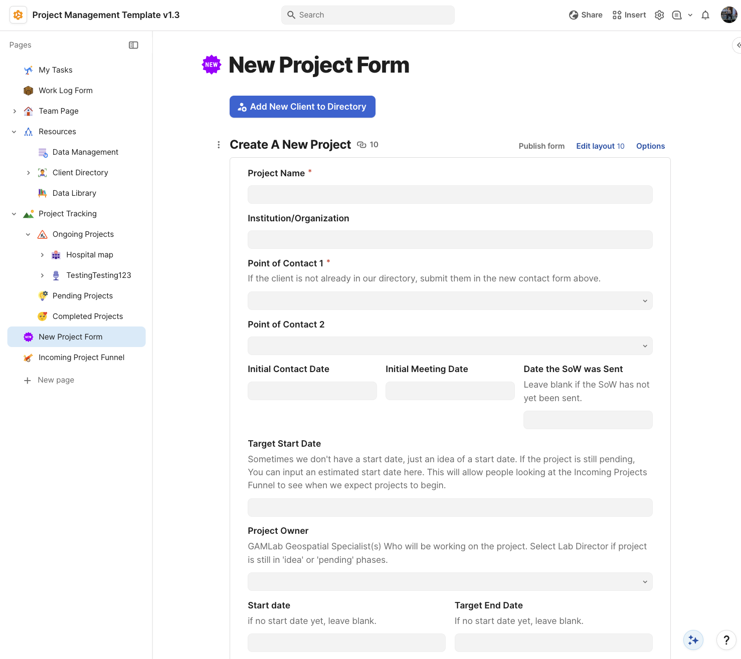 Project Tracking Interface